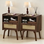 LELELINKY 2pc Rattan Nightstand with Charging Station, Boho Bedside Table with Drawer and Open Shelf, Solid Wood Legs, Walnut