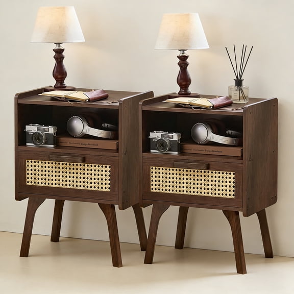 LELELINKY 2pc Rattan Nightstand with Charging Station, Boho Bedside Table with Drawer and Open Shelf, Solid Wood Legs, Walnut