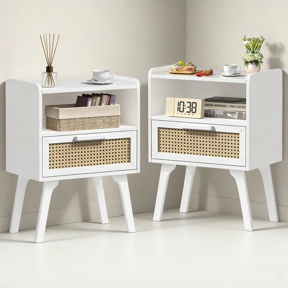 LELELINKY 2pc Rattan Nightstand with Charging Station, Boho Bedside Table with Drawer and Open Shelf, Solid Wood Legs, White New