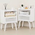 thumbnail image 1 of LELELINKY 2pc Rattan Nightstand with Charging Station, Boho Bedside Table with Drawer and Open Shelf, Solid Wood Legs, White, 1 of 7