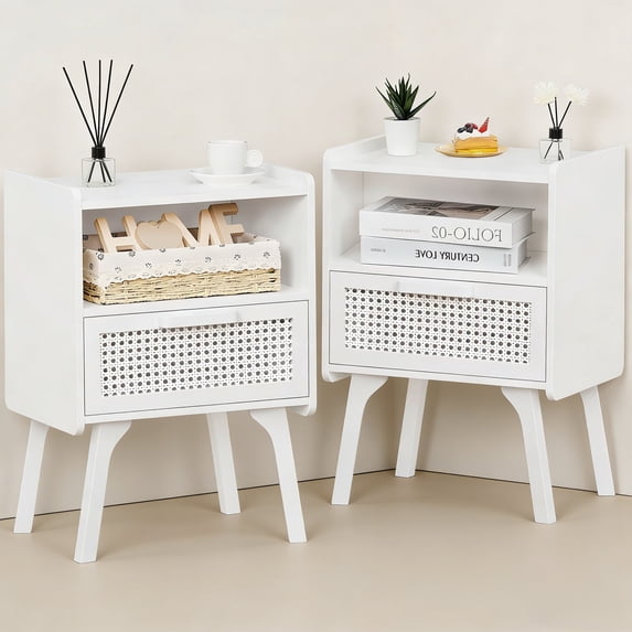 LELELINKY 2pc Rattan Nightstand with Charging Station, Boho Bedside Table with Drawer and Open Shelf, Solid Wood Legs, White