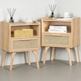 thumbnail image 1 of LELELINKY 2pc Rattan Nightstand with Charging Station, Boho Bedside Table with Drawer and Open Shelf, Solid Wood Legs, Wood, 1 of 7