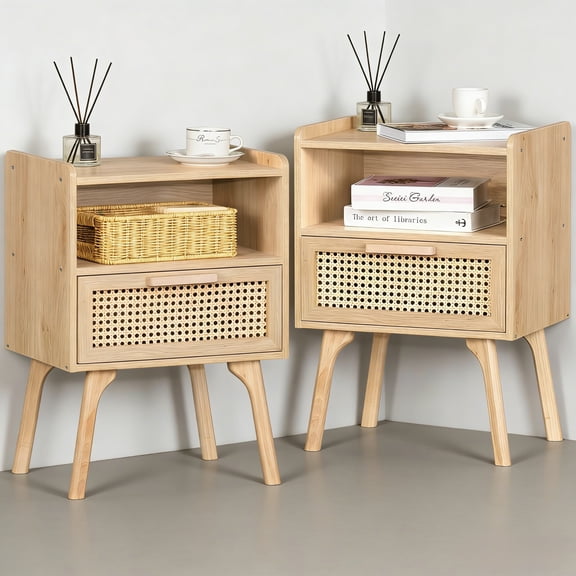 LELELINKY 2pc Rattan Nightstand with Charging Station, Boho Bedside Table with Drawer and Open Shelf, Solid Wood Legs, Wood