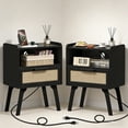thumbnail image 1 of LELELINKY 2pc Rattan Nightstand with Charging Station, Boho Bedside Table with Handmade Drawer & Open Shelf for Bedroom, Black New, 1 of 7