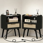 LELELINKY 2pc Rattan Nightstand with Charging Station, Boho Bedside Table with Handmade Drawer & Open Shelf for Bedroom, Black New
