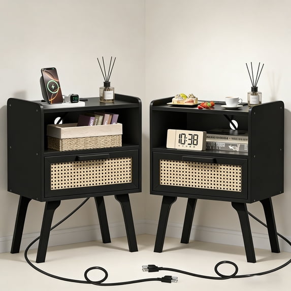 LELELINKY 2pc Rattan Nightstand with Charging Station, Boho Bedside Table with Handmade Drawer & Open Shelf for Bedroom, Black New