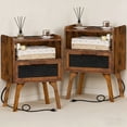thumbnail image 1 of LELELINKY 2pc Rattan Nightstand with Charging Station, Boho Bedside Table with Handmade Drawer & Open Shelf for Bedroom, Brown, 1 of 7