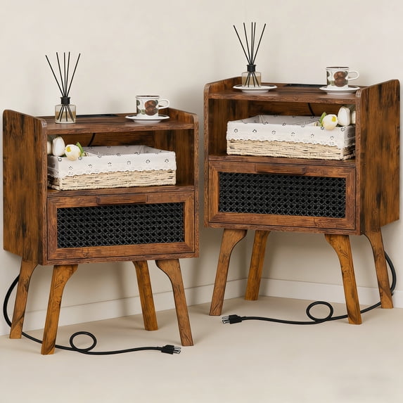 LELELINKY 2pc Rattan Nightstand with Charging Station, Boho Bedside Table with Handmade Drawer & Open Shelf for Bedroom, Brown