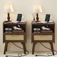 thumbnail image 1 of LELELINKY 2pc Rattan Nightstand with Charging Station, Boho Bedside Table with Handmade Drawer & Open Shelf for Bedroom, Walnut, 1 of 7