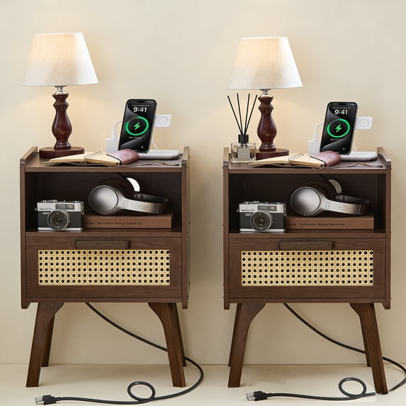 LELELINKY 2pc Rattan Nightstand with Charging Station, Boho Bedside Table with Handmade Drawer & Open Shelf for Bedroom, Walnut