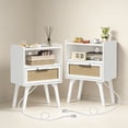 thumbnail image 1 of LELELINKY 2pc Rattan Nightstand with Charging Station, Boho Bedside Table with Handmade Drawer & Open Shelf for Bedroom, White New, 1 of 7