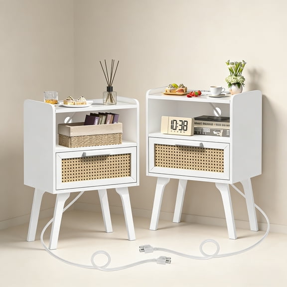 LELELINKY 2pc Rattan Nightstand with Charging Station, Boho Bedside Table with Handmade Drawer & Open Shelf for Bedroom, White New
