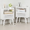 thumbnail image 1 of LELELINKY 2pc Rattan Nightstand with Charging Station, Boho Bedside Table with Handmade Drawer & Open Shelf for Bedroom, White, 1 of 7
