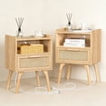 thumbnail image 1 of LELELINKY 2pc Rattan Nightstand with Charging Station, Boho Bedside Table with Handmade Drawer & Open Shelf for Bedroom, Wood, 1 of 7