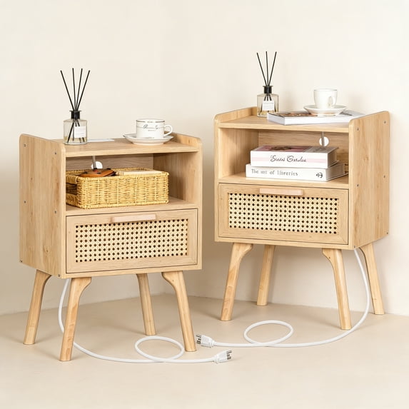 LELELINKY 2pc Rattan Nightstand with Charging Station, Boho Bedside Table with Handmade Drawer & Open Shelf for Bedroom, Wood