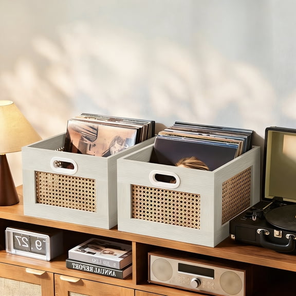 LELELINKY 2pc Rattan Vinyl Record Storage Crate with Handle, Holds 75 LP, Desktop Cube Album Holder for Vinyls, Grey