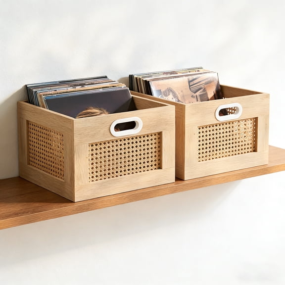LELELINKY 2pc Rattan Vinyl Record Storage Crate with Handle, Holds 75 LP, Desktop Cube Album Holder for Vinyls, Natural