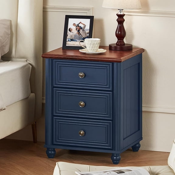 LELELINKY 3 Drawer Nightstand, Farmhouse Large Bedside End Table with Storage Drawers, Modern Wood Night Stand, Navy Blue