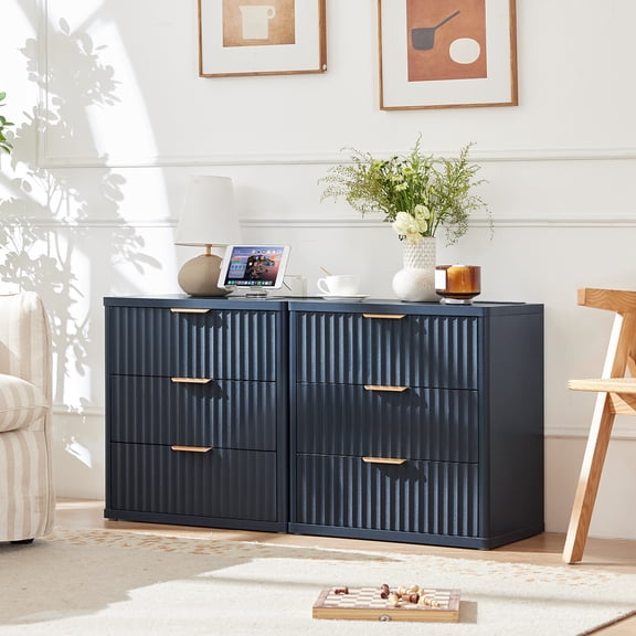 LELELINKY 3 Drawer Nightstand with Charging Station Set of 2, 23" Large Bedside Table Dresser for Bedroom, Living Room, Blue