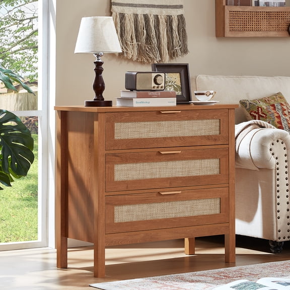 LELELINKY 3-Drawer Storage Nightstand, 31.5" Wide Rattan Bedside Table - Boho Tall Cabinet for Bedroom, Living Room - Brown Finish