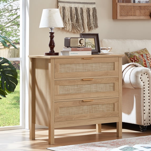 LELELINKY 3-Drawer Storage Nightstand, 31.5" Wide Rattan Bedside Table - Boho Tall Cabinet for Bedroom, Living Room - Brown Finish
