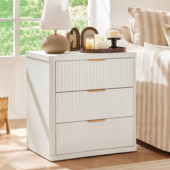 LELELINKY 3-Drawers Mid-Century Nightstand with Charging Station, End Table for Living Room Bedroom, Fluted Panel, Solid White