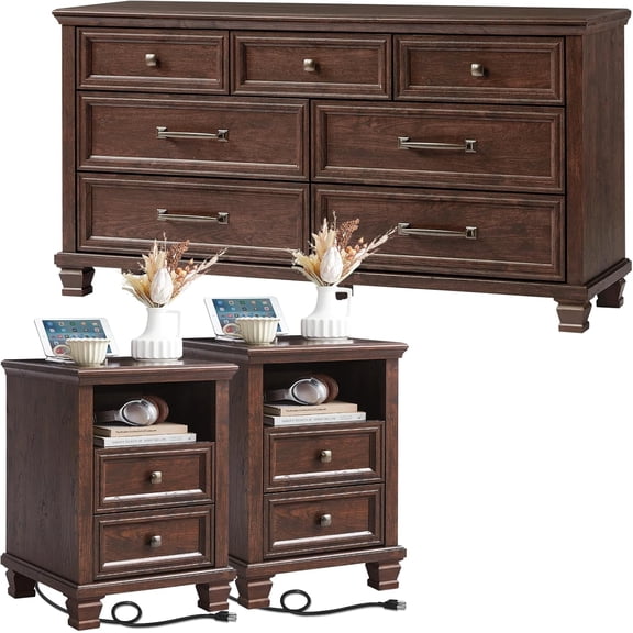 LELELINKY 3 Piece Bedroom Dresser Set, 7 Drawer Dresser Farmhouse Long Chest of Drawers and 2 Drawers Nightstand set of 2, Walnut