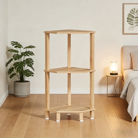 LELELINKY 3-Tier Corner Shelf with Sturdy Base, 27.3" Tall Narrow Bookcase for Adult Small Spaces & Living Room, Natural
