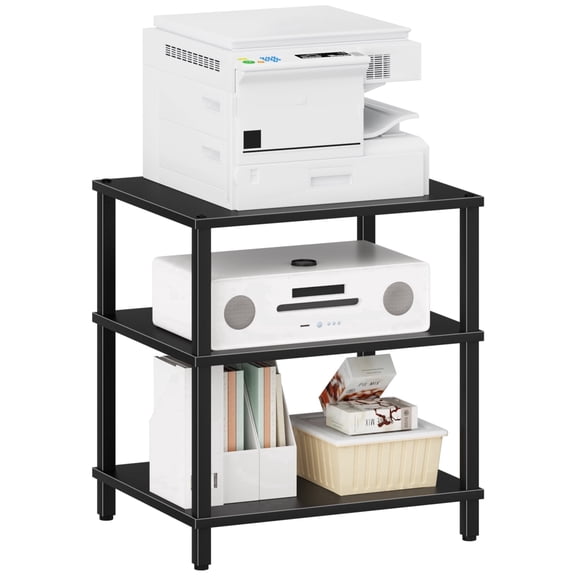 LELELINKY 3-Tier Media Stand, Natural Wood Audio Cabinet with Shelves, Multifunctional Entertainment Center for Living Room, Home, Black