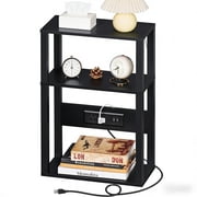 LELELINKY 3-Tier Narrow Side Table with Charging Station, Wood Nightstand with USB Ports for Small Spaces, Black