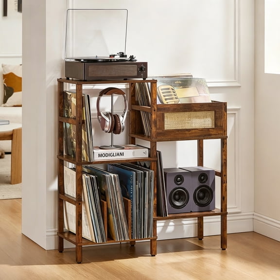 LELELINKY 3-Tier Rattan Record Player Stand with Vinyl Storage, Holds 300+ Albums for Living Room, Brown
