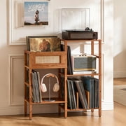 LELELINKY 3-Tier Rattan Record Player Stand with Vinyl Storage, Holds 300+ Albums for Living Room, Tea Color