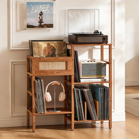LELELINKY 3-Tier Rattan Record Player Stand with Vinyl Storage, Holds 300+ Albums for Living Room, Tea Color