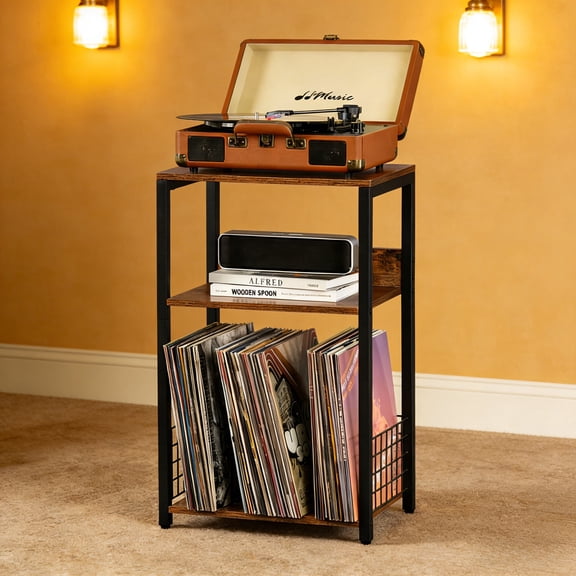 LELELINKY 3-Tier Record Player Stand with Storage, Turntable End Table Holds 100 Albums for Living Room & Bedroom, Brown