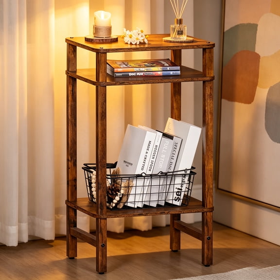 LELELINKY 3-Tier Tall Side Table, Nightstand for Adult Living Room, Bedroom, Office, Brown