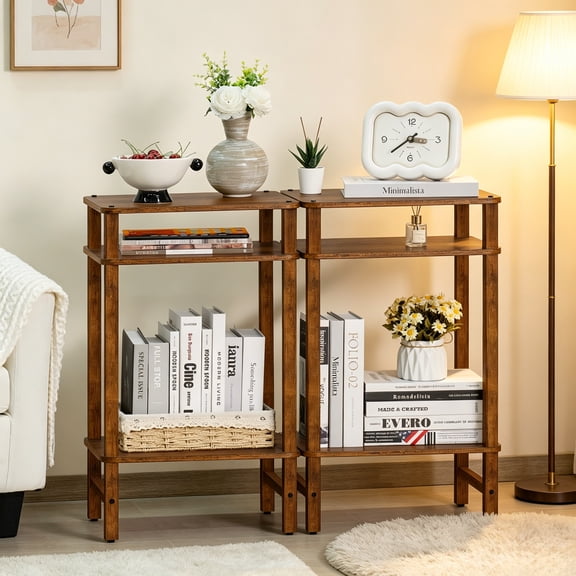 LELELINKY 3-Tier Tall Side Table Set of 2, Nightstand for Adult Living Room, Bedroom, Office, Brown