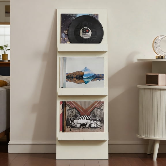 LELELINKY 3-Tier Wall-Leaning Vinyl Record Holder, 47.5" Tall Display Shelf Holds 30 Albums, Record Storage for Living Room, White