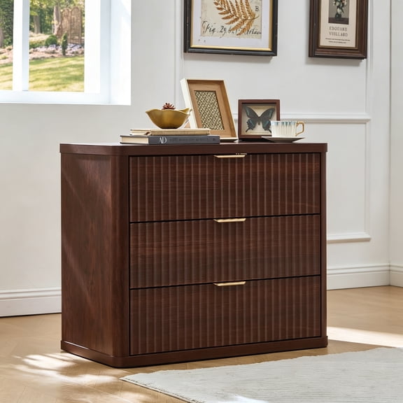 LELELINKY 31.5" Fluted Nightstand, Oversized Bedside Table, 3 Deep Drawers, Curved Modern Wood End Table for Bedroom, Walnut