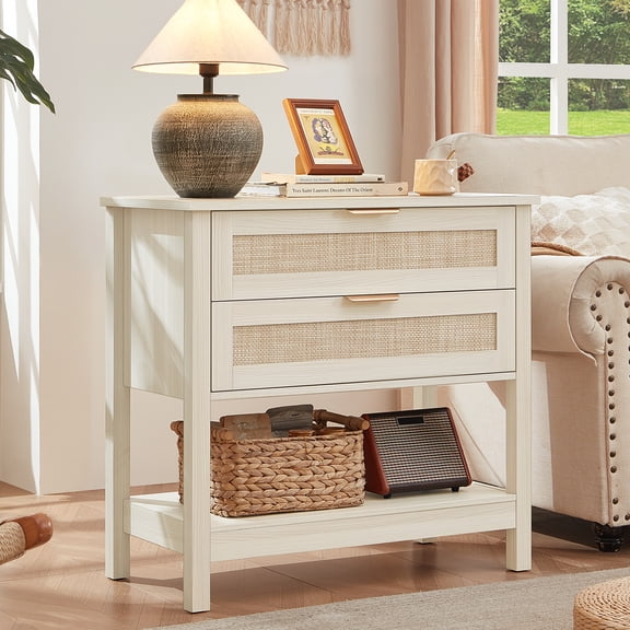 LELELINKY 31.5" Wide Rattan Nightstand with 2 Drawers - Large Walnut Bedside Table with Storage Shelf, Boho Bedside End Table for Bedroom, Living Room, Hallway, Modern Farmhouse Style