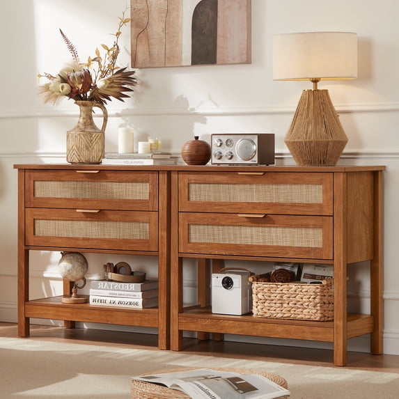 LELELINKY 31.5" Wide Rattan Nightstand with 2 Drawers - Large Walnut Bedside Table with Storage Shelf, Boho Bedside End Table for Bedroom, Living Room, Hallway, Modern Farmhouse Style,2pc