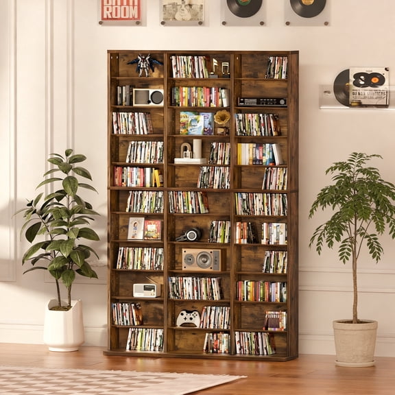 LELELINKY 33-Cube 11-Tier Tall Display Cabinet with Adjustable Shelves, Brown Media Storage Organizer for Living Room, Home Office, Brown