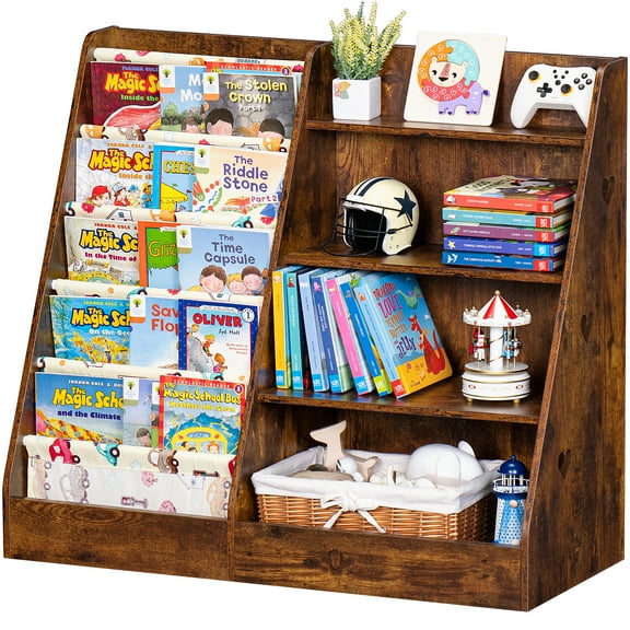 LELELINKY 35.5" Kids Bookcase Toy Storage Organizer with 5 Layer Sling, 4-Tiers Wood Toy Bookshelf for Kids Room, Brown