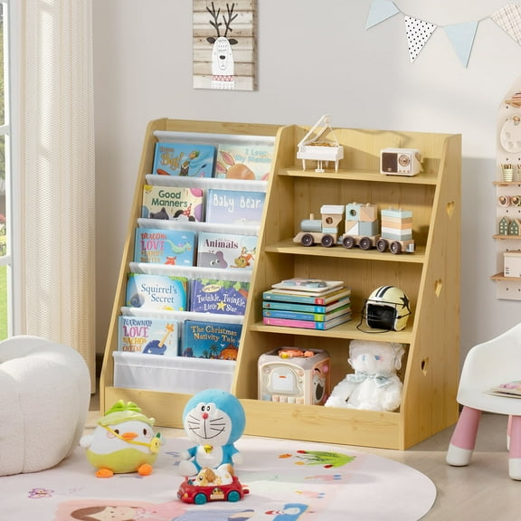 LELELINKY 35.5"Wide Large Kids Bookcase, 4-Tiers Kids Book Organizer Bookshelf with 5 Layer Sling, Wooden Bookshelf for Kids Room