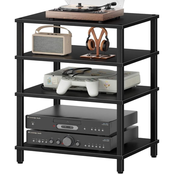 LELELINKY 4-Tier AV Media Player Stand, Black Stereo Cabinet, Modern Stereo Cabinet, Wooden TV Stand,Game Console Shelf, Multifunctional Entertainment Center, Suitable for Home, Conference Room