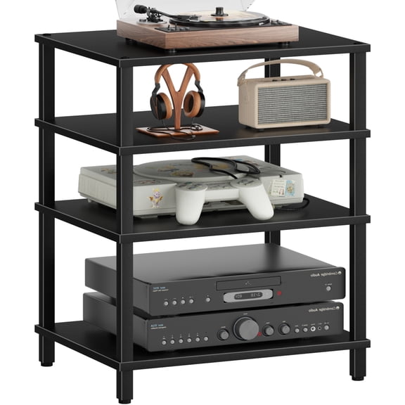 LELELINKY 4-Tier AV Media Stand, Wooden TV Stand, Black Stereo Shelves for DVD Players/Cable Boxes/Games Consoles