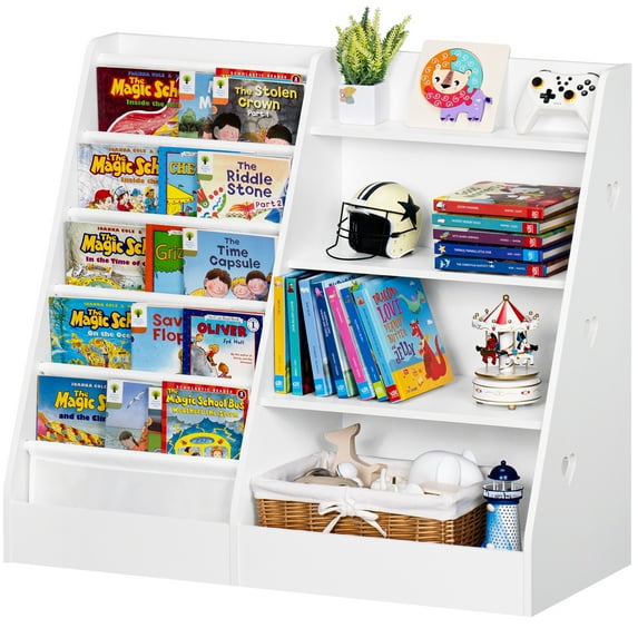 LELELINKY 4-Tiers Large Toy Storage Organizer with 5 Layer Sling, Kids Bookshelf for Playroom, Toy Organizer for Kids, White