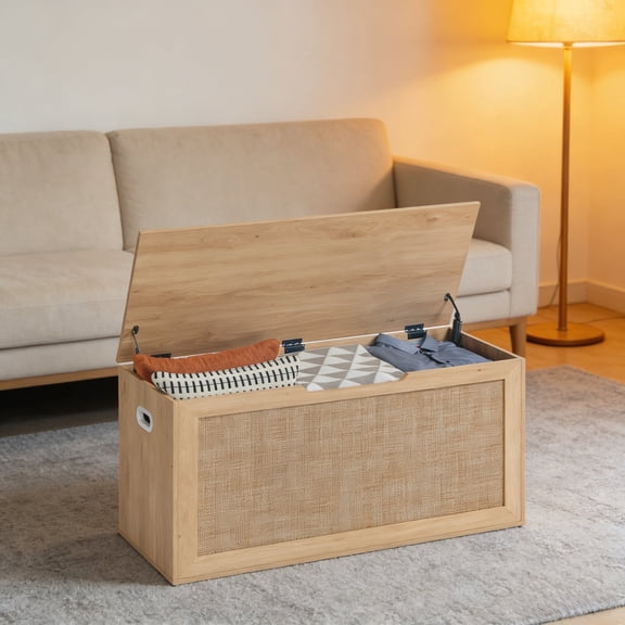 LELELINKY 40" Storage Chest with 2 Safety Hinges, Toy Box & Storage Bench for Bedroom, Entryway, Natural