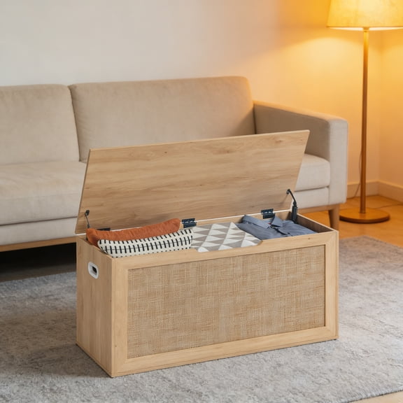 LELELINKY 40" Storage Chest with 2 Safety Hinges, Toy Box & Storage Bench for Living Room, Bedroom, Entryway, Natural