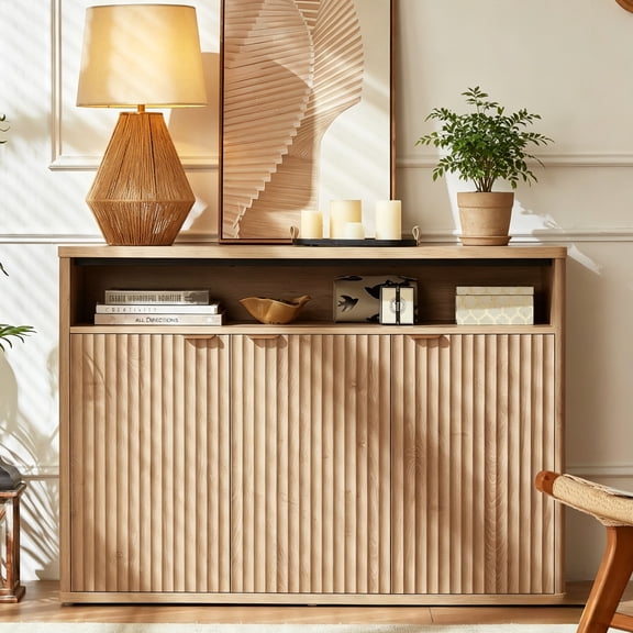 LELELINKY 45" Fluted Sideboard Buffet with 3 Doors & Open Shelf, Wood Storage Cabinet for Living Room, Entryway, Wood