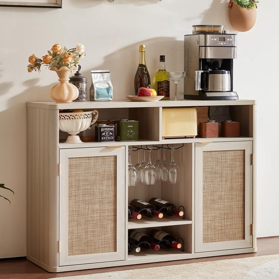 LELELINKY 47.2" Boho Wine Bar Cabinet, 2 Door Sideboard Storage Cabinet, Wine Rack Glass Holder for Kitchen, Dining Room, Living Room, White
